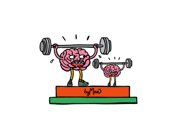 An illustration of two brains weightlifting on a byMae winner's podium, symbolizing the process of immunity training to build a smarter, stronger immune system for foundational health.