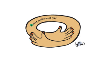 Arms wrapped in an embrace with the words "First, families need food."
